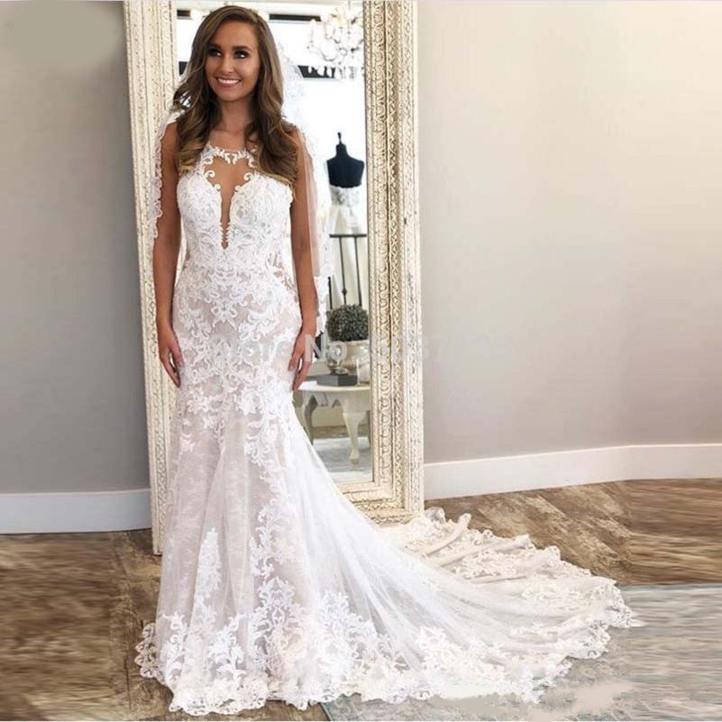 Mermaid Spaghetti Straps Sleeveless Sweep / Brush Train Wedding Gown With Lace 3