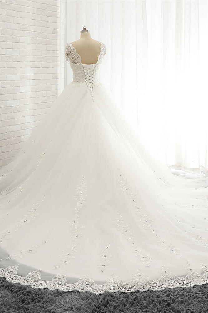 A-line Straps V-neck Sleeveless Floor-length Tulle Wedding Dress With Appliques 2