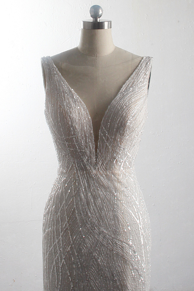 Mermaid Plunging Neckline Sleeveless Floor-length Tulle Bridal Dress With Sequins 5