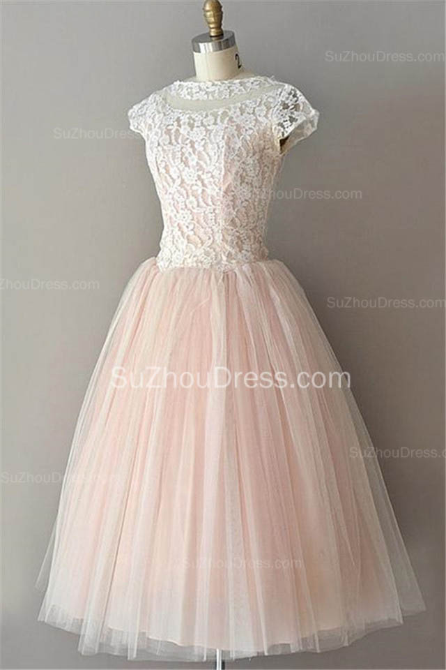 A-line Short Sleeves Knee-length Tulle Cocktail Party Dress With Lace 2