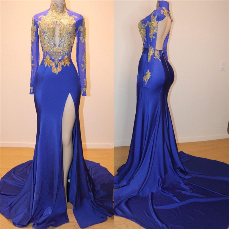 Column High Neck Long Sleeves Sweep / Brush Train Evening Dress With Appliques 2