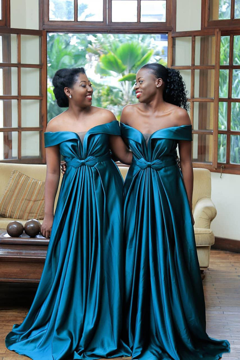 A-line Off-the-shoulder Cap Sleeves Floor-length Elastic Silk-like Satin Bridesmaid Outfit 2