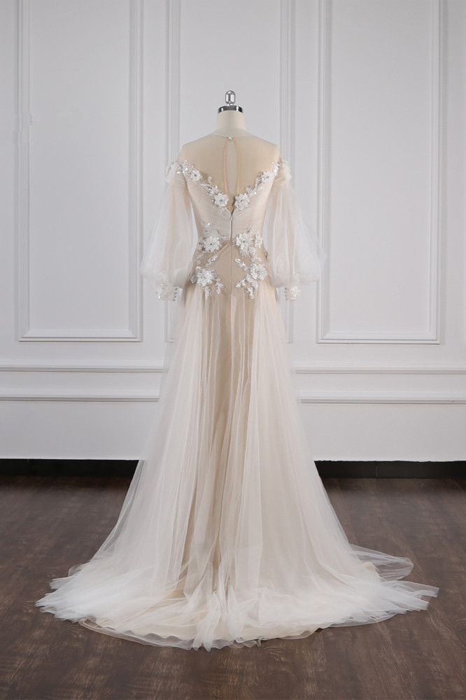 A-line Jewel Neck Long Sleeves Floor-length Tulle Bridal Dress With Lace 2