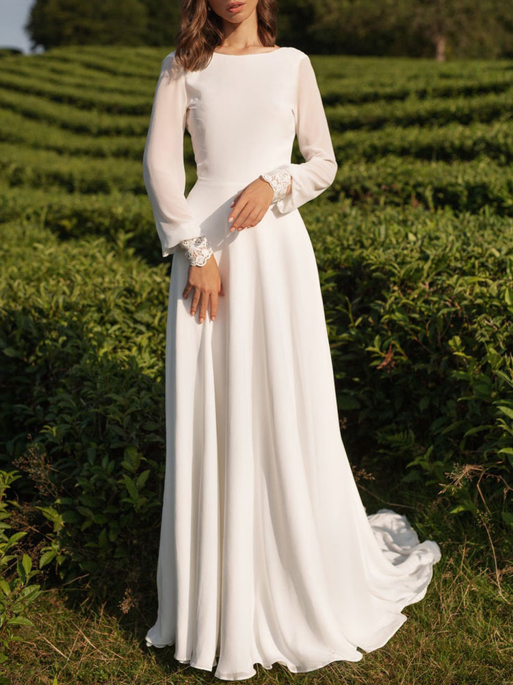 A-line Bateau Neck Long Sleeves Court Train 100D Chiffon Bridal Gown With Lace 3