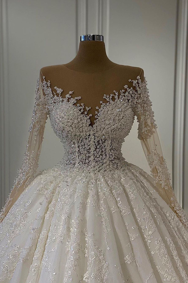 A-line Jewel Neck Long Sleeves Sweep / Brush Train Tulle Wedding Gown With Beading 2