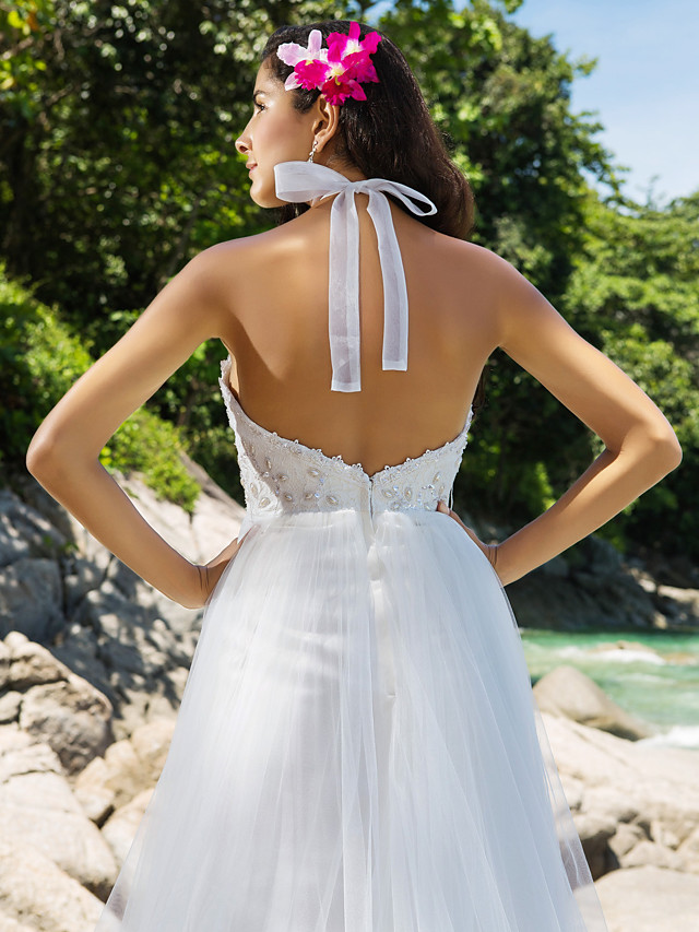 A-line Halter-neck Sleeveless Chapel Train Lace Bridal Gown With Lace 6