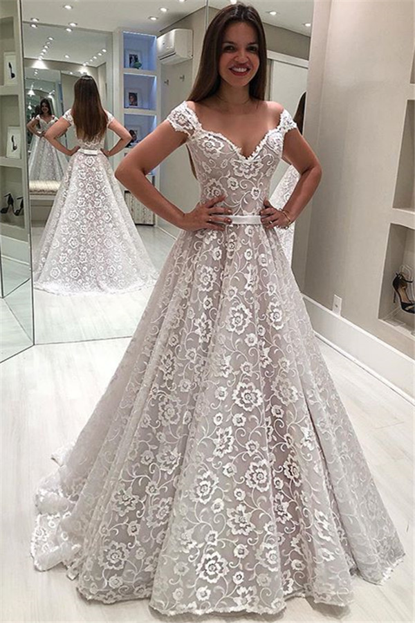 A-line Off-the-shoulder Sleeveless Sweep / Brush Train Wedding Gown With Ribbons 1