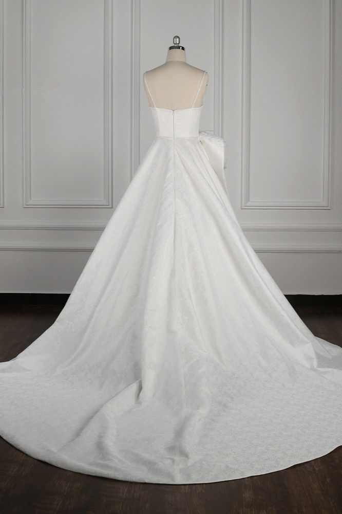 A-line Spaghetti Straps V-neck Sleeveless Floor-length Satin Bridal Dress With Ruffles 2