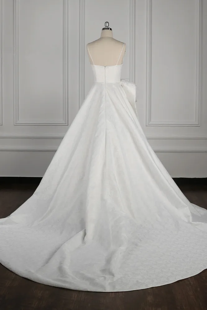A-line Spaghetti Straps V-neck Sleeveless Floor-length Satin Bridal Dress With Ruffles 2