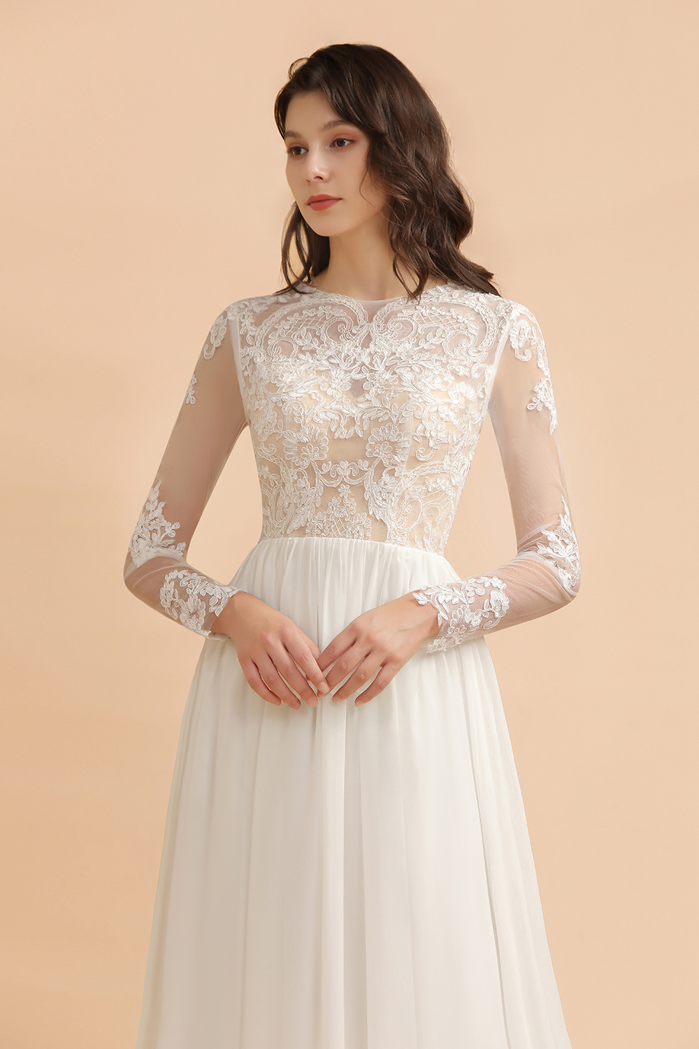 A-line Jewel Neck Long Sleeves Floor-length 100D Chiffon Bridal Attire With Appliques 6