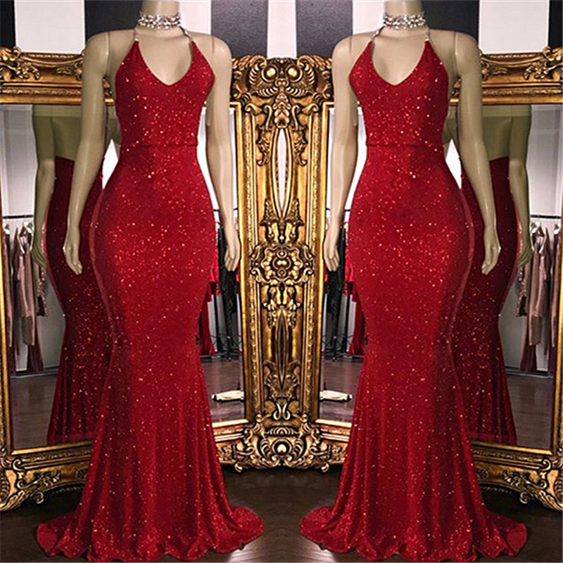 Mermaid Halter-neck Sleeveless Sweep / Brush Train Evening Dress With Sequins 1