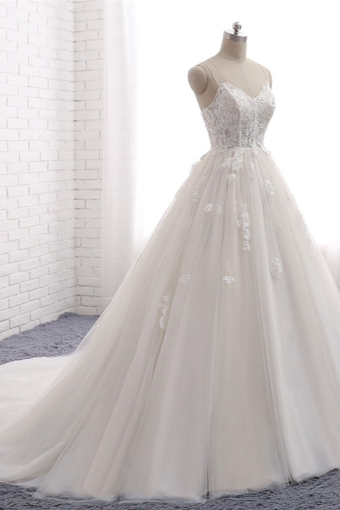A-line Spaghetti Straps Floor-length Tulle Bridal Dress With Appliques 3