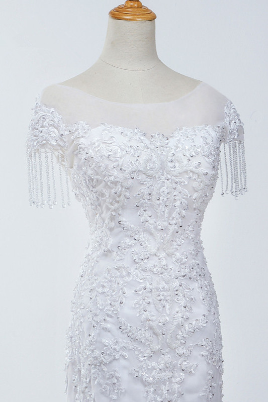 Mermaid Jewel Neck Sleeveless Floor-length Tulle Bridal Gown With Appliques 4