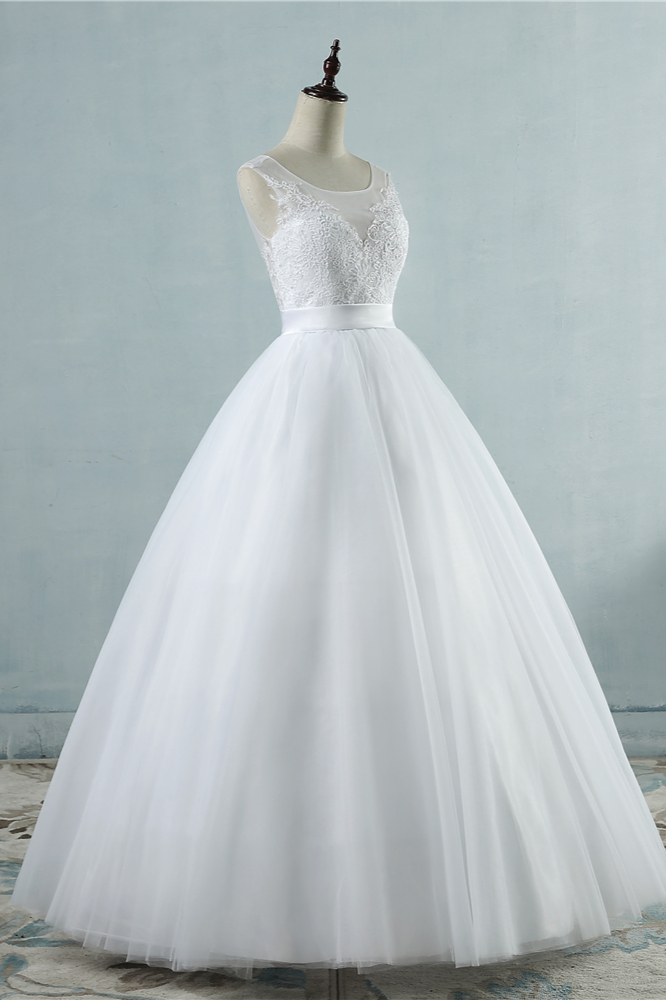 A-line Straps Jewel Neck Sleeveless Floor-length Tulle Bridal Dress With Appliques 4