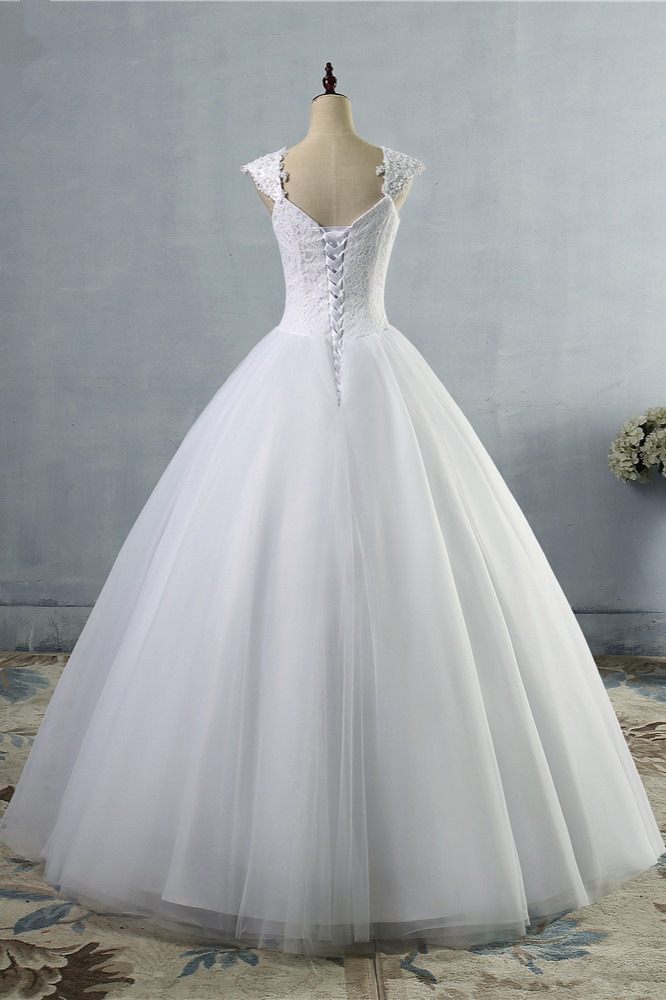 A-line Straps Sleeveless Floor-length Tulle Wedding Gown With Lace 2