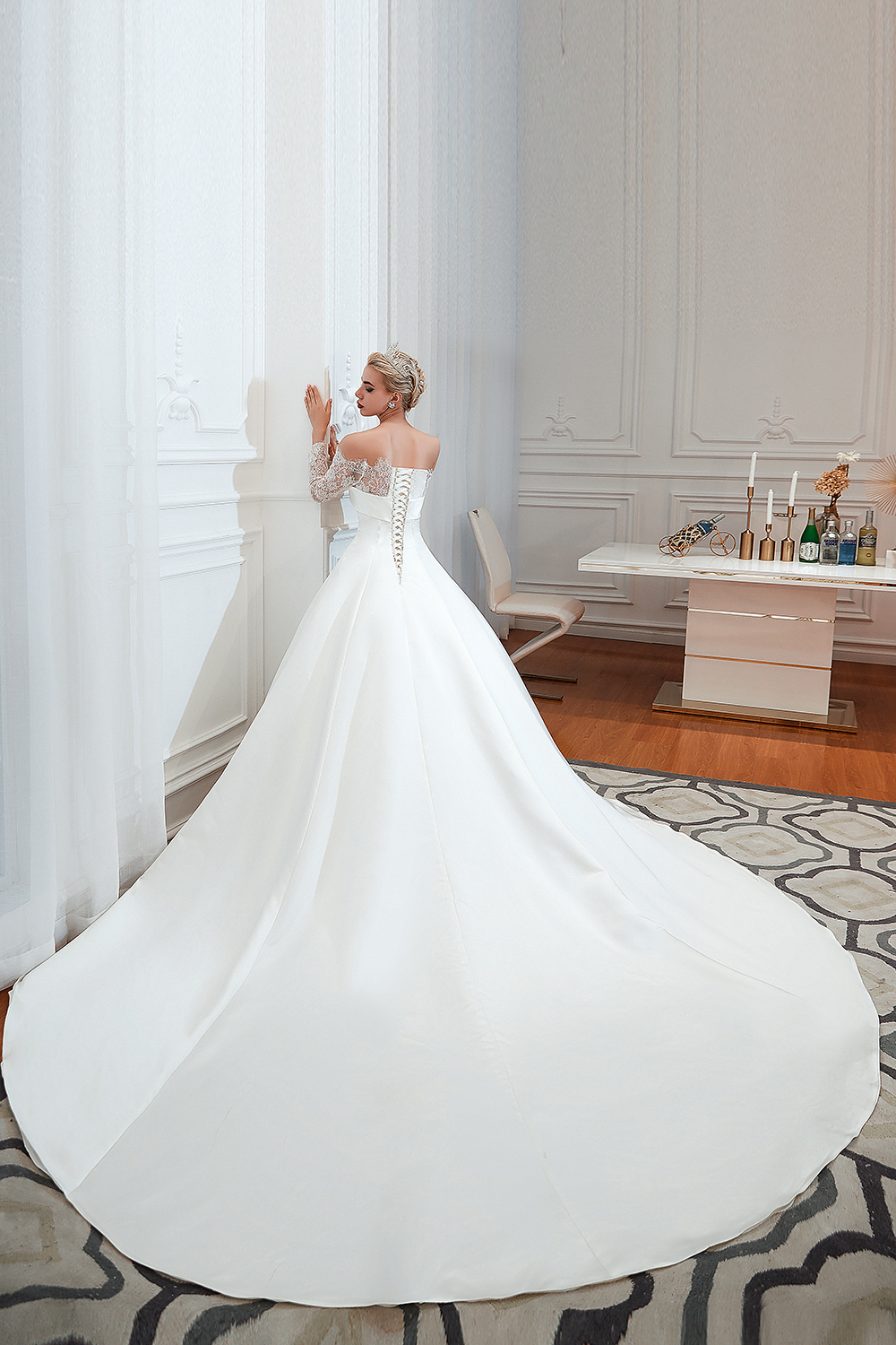 Bateau Neck Long Sleeves Cathedral Train Satin Wedding Gown With Lace 13