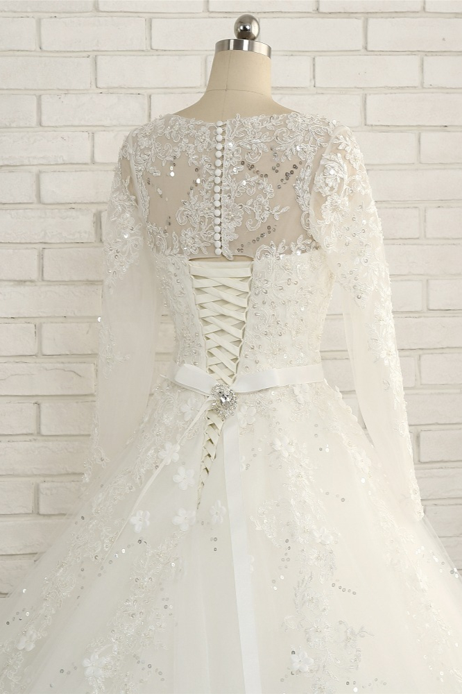 A-line Jewel Neck Long Sleeves Floor-length Tulle Wedding Dress With Sequins 6