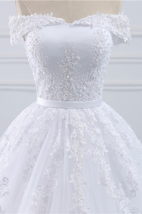 A-line Off-the-shoulder Bateau Neck Floor-length Tulle Wedding Dress With Lace 4