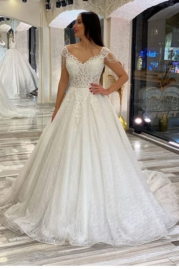 A-line Sweetheart Neck Sleeveless Court Train Bridal Gown With Lace 1
