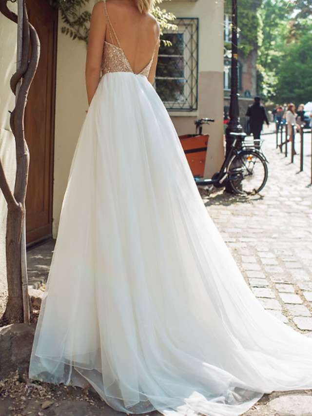A-line V-neck Sleeveless Sweep / Brush Train Tulle Wedding Gown With Lace 4