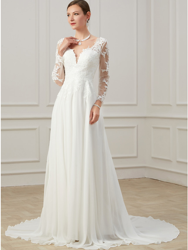 Column V-neck Long Sleeves Sweep / Brush Train Lace Bridal Gown With Lace 5