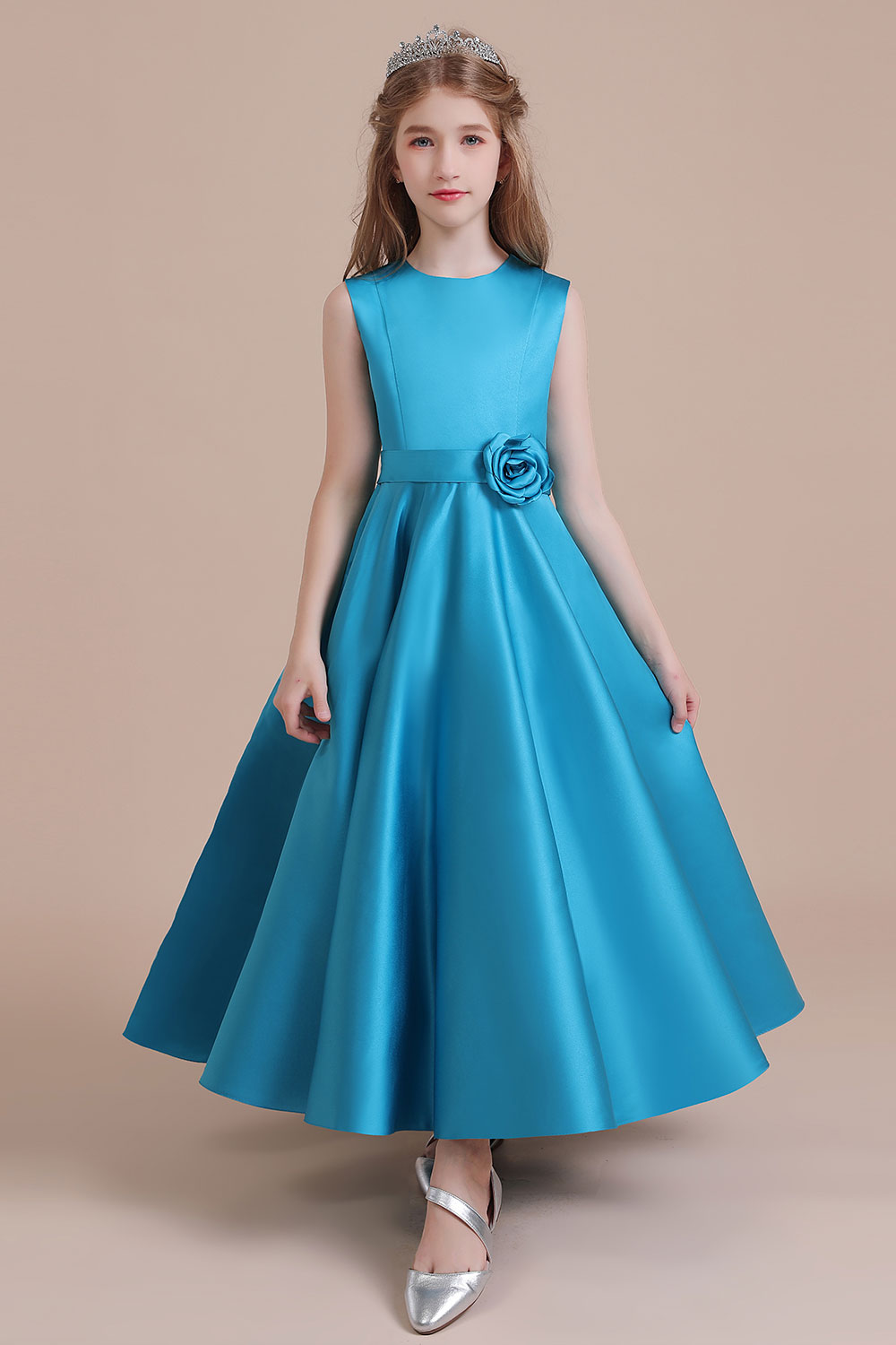 A-line Jewel Neck Sleeveless Ankle-length Satin Flower Girl Dress With Flower(s) 1