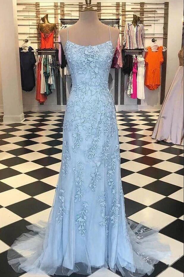 Column Spaghetti Straps Sleeveless Sweep / Brush Train Formal Dress With Appliques 2