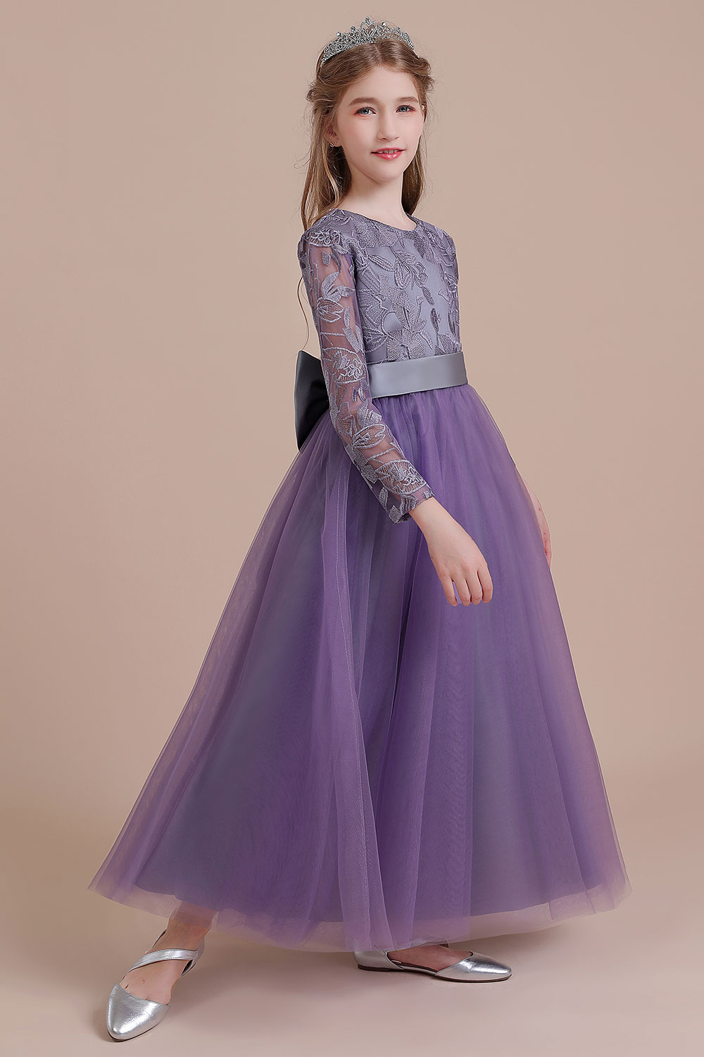 A-line Jewel Neck Long Sleeves Ankle-length Tulle Flower Girl Dress With Bow 6