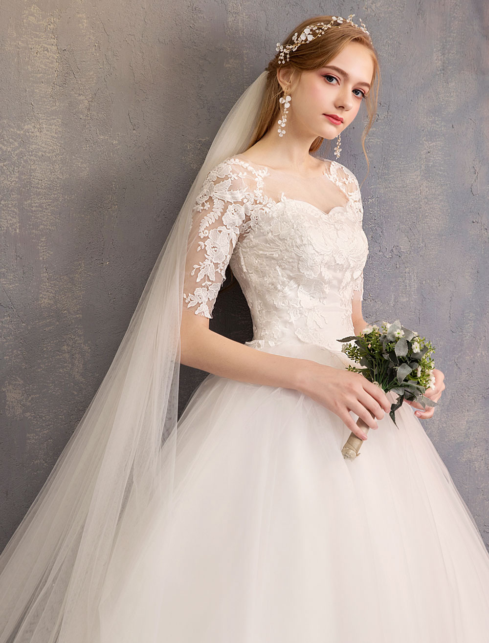 Half-Sleeves Floor-length Lace Wedding Dress With Lace 7