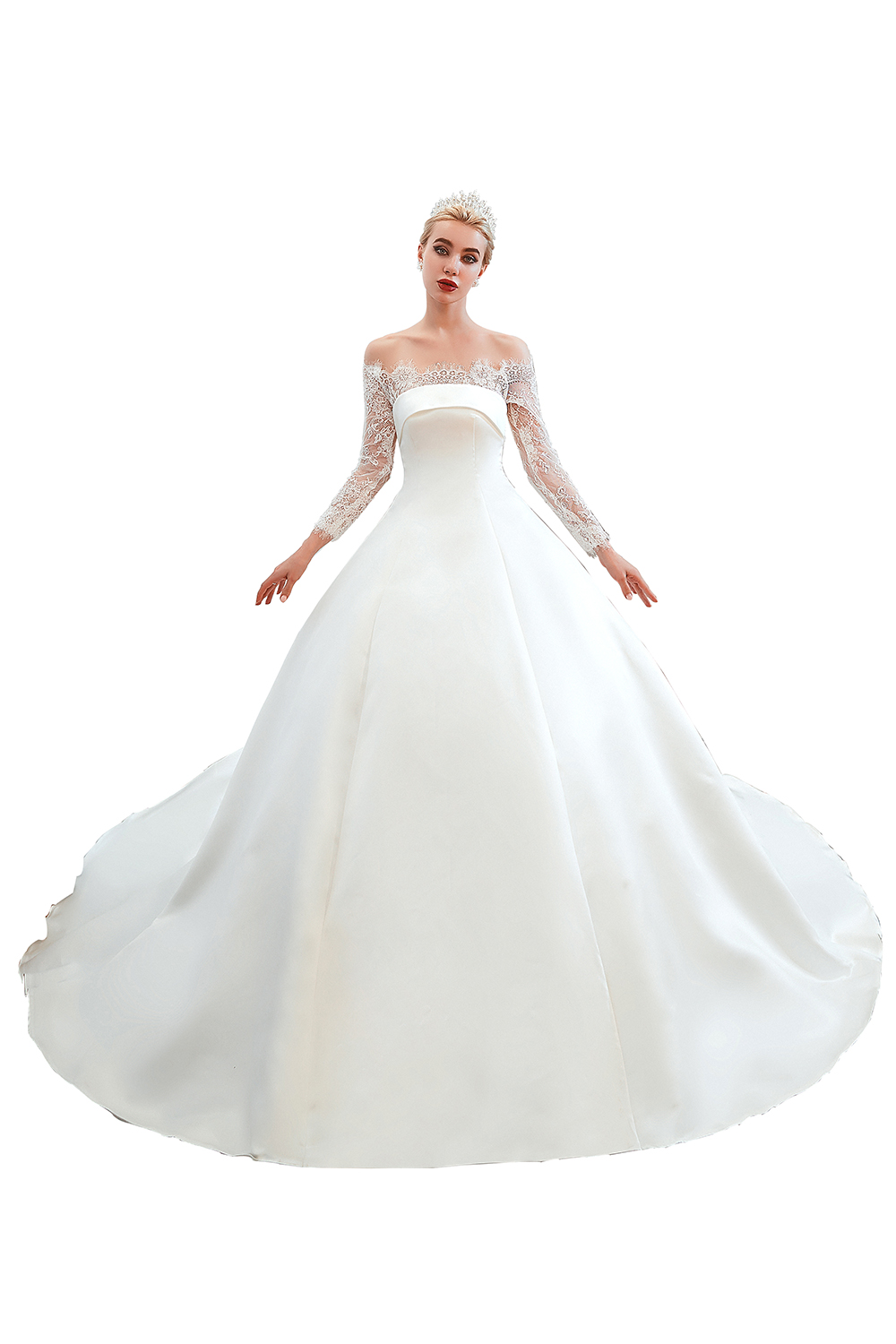 Bateau Neck Long Sleeves Cathedral Train Satin Wedding Gown With Lace 23