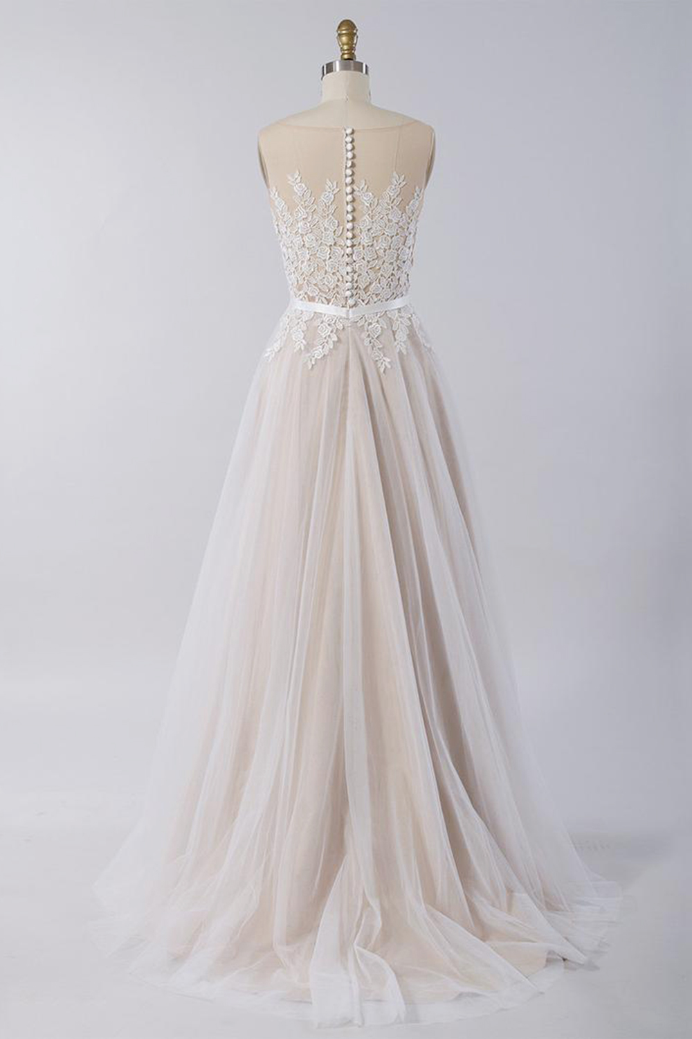A-line Jewel Neck Sleeveless Floor-length Tulle Wedding Dress With Appliques 2