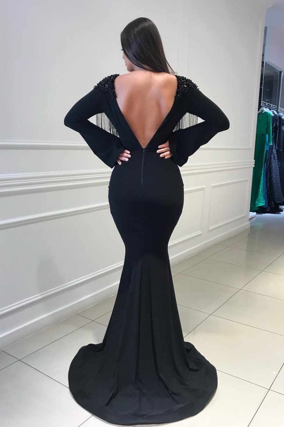 Mermaid Plunging Neckline Long Sleeves Sweep / Brush Train Evening Gown With Beading 3