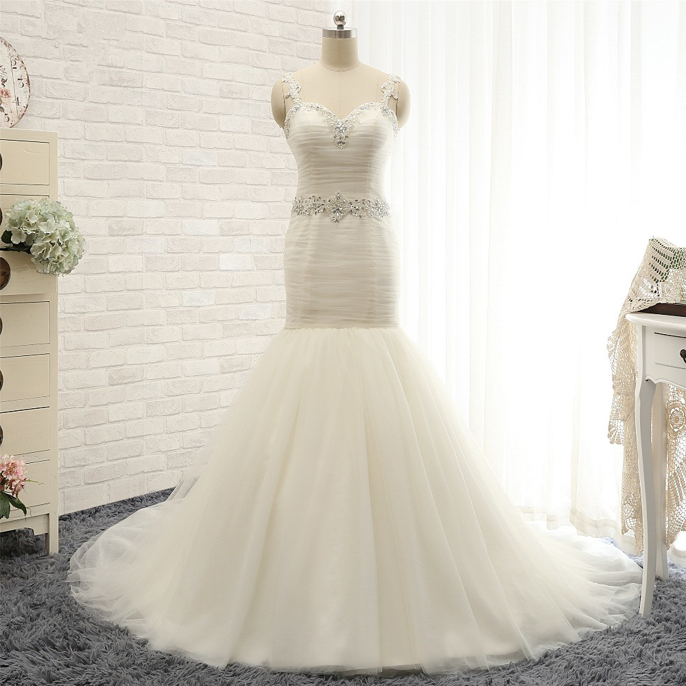 Mermaid Straps Sleeveless Floor-length Tulle Wedding Dress With Sequins 6