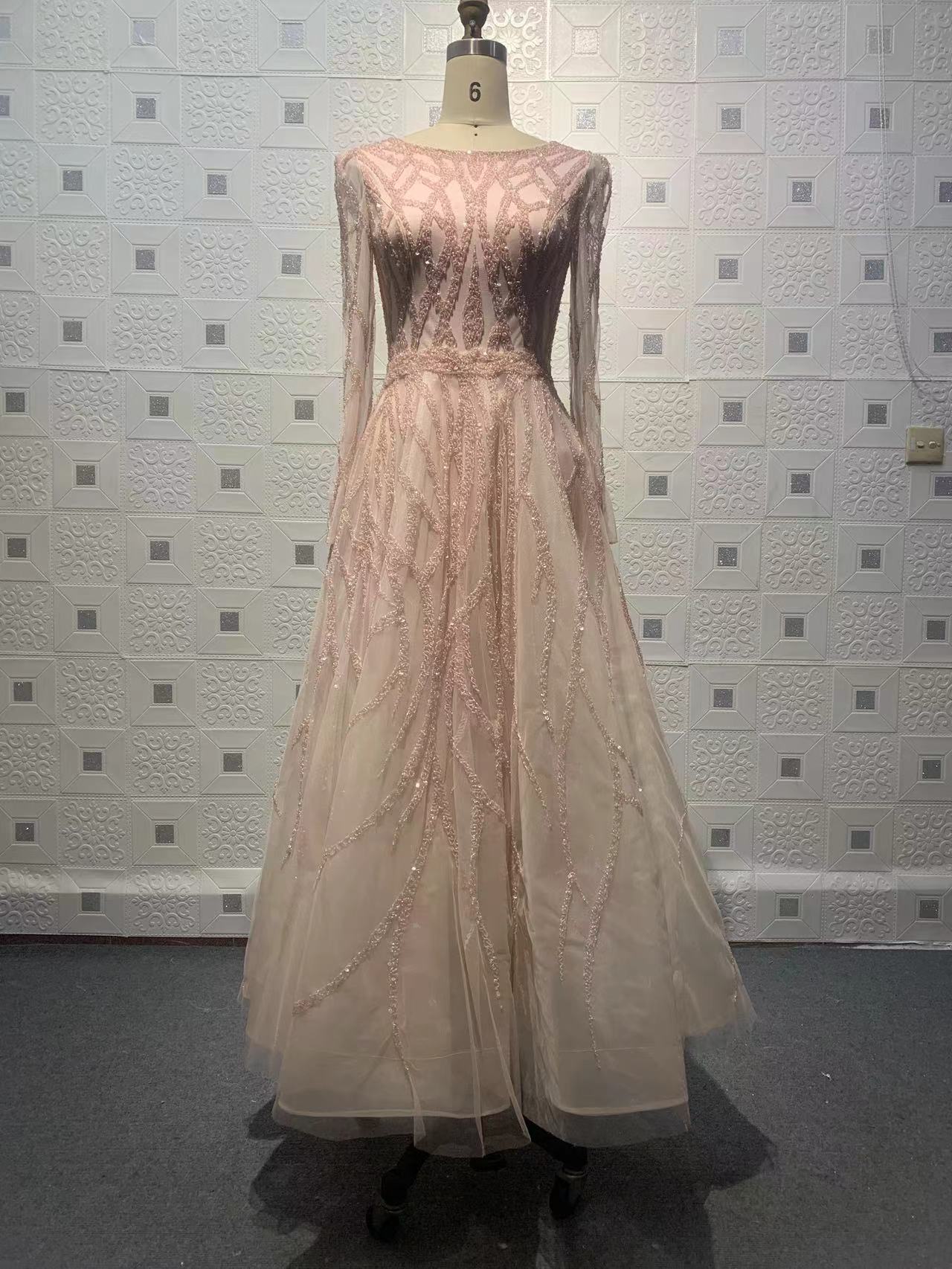 A-line Jewel Neck Long Sleeves Floor-length Evening Dress With Lace 2