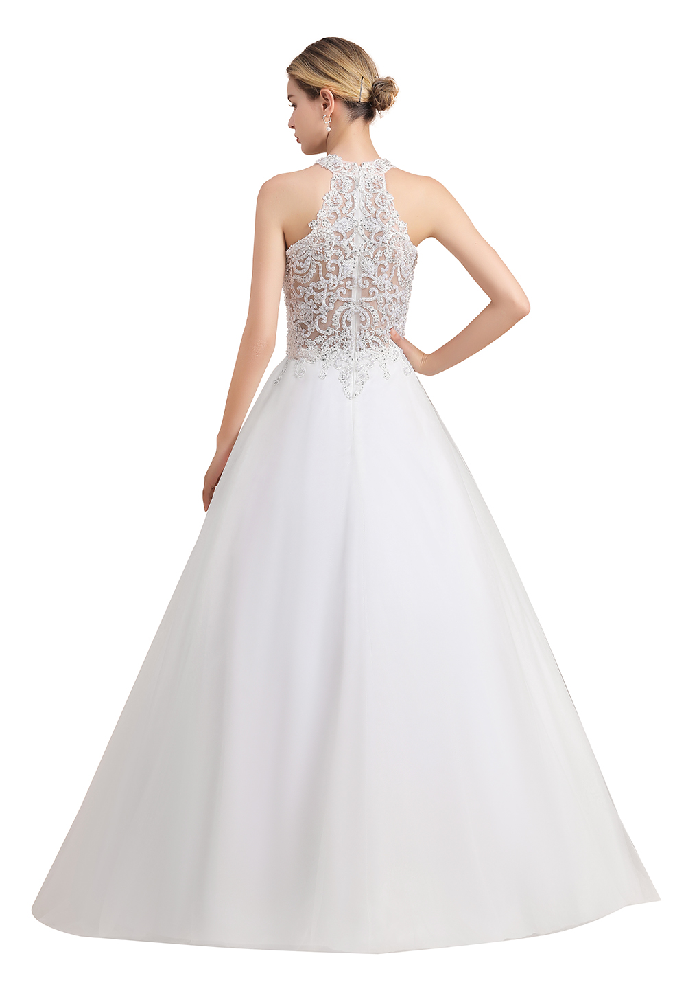 Halter-neck Sleeveless Sweep / Brush Train Tulle Wedding Gown With Lace 4