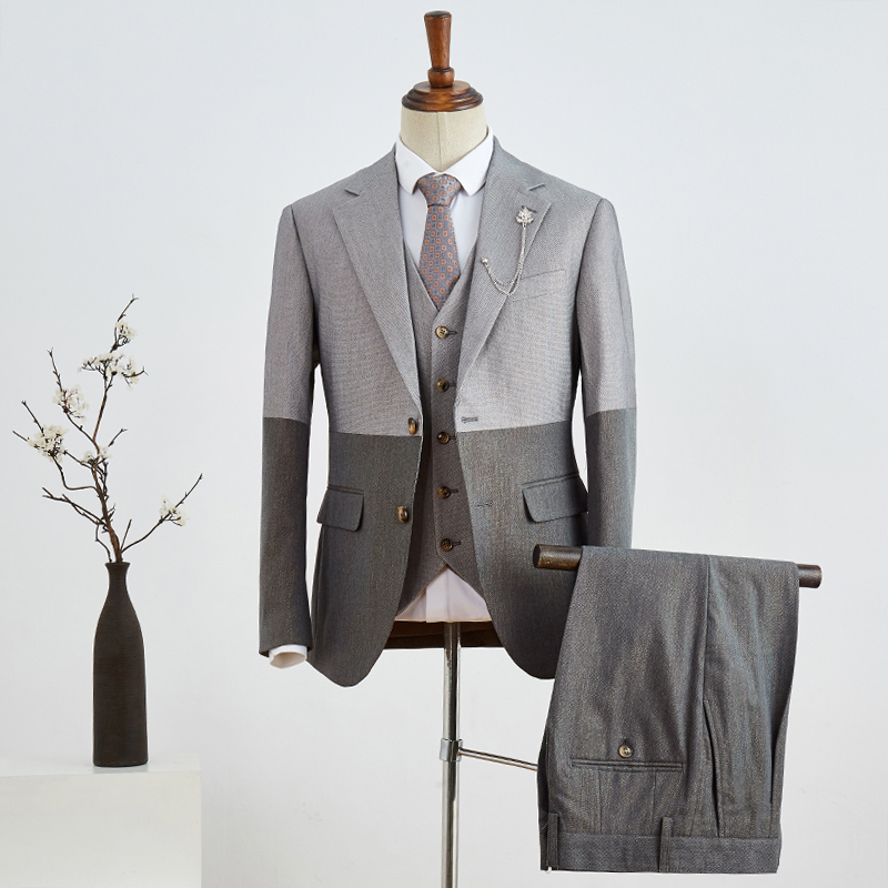 Gray 3 Pieces Notched Lapel Slim Fit Business Suit 2