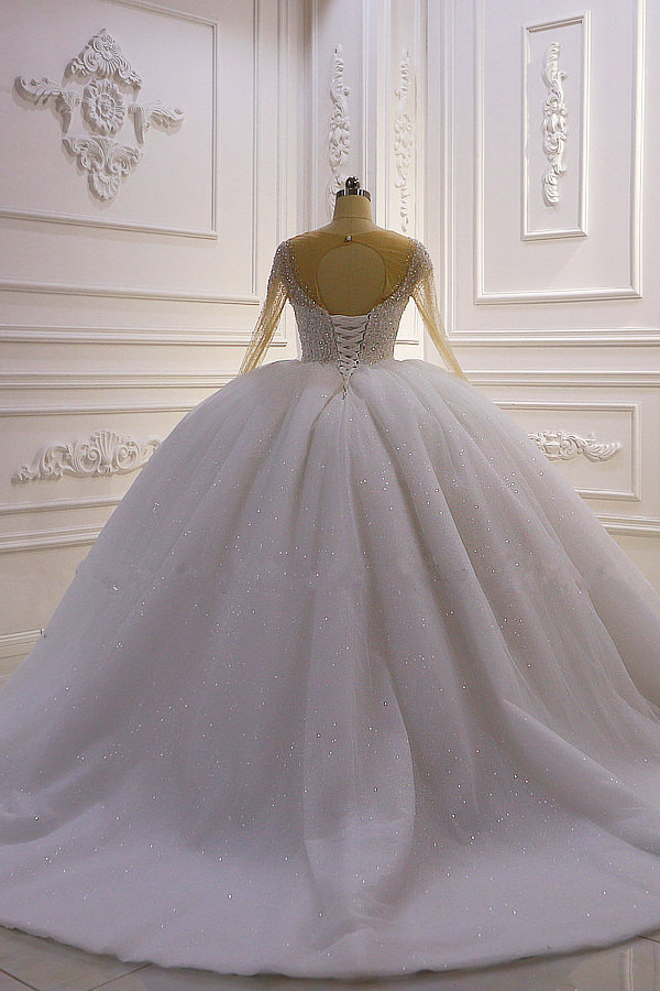 Ball Gown Jewel Neck Long Sleeves Floor-length Tulle Bridal Dress With Beading 3