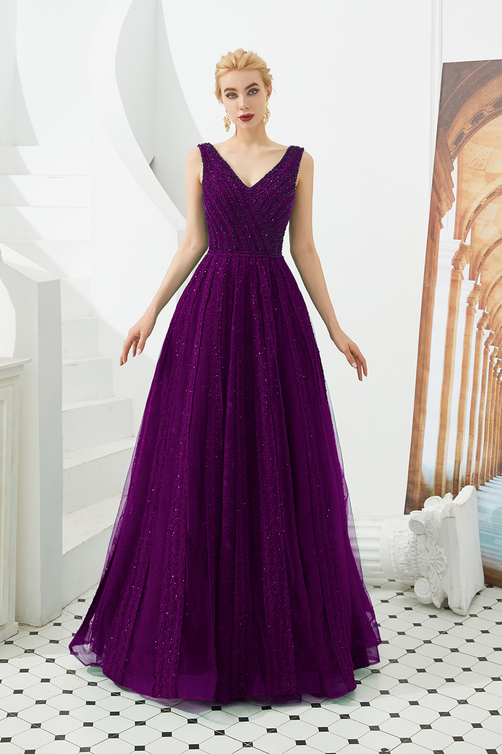 V-neck Sleeveless Sweep / Brush Train Tulle Evening Dress With Rhinestone 4