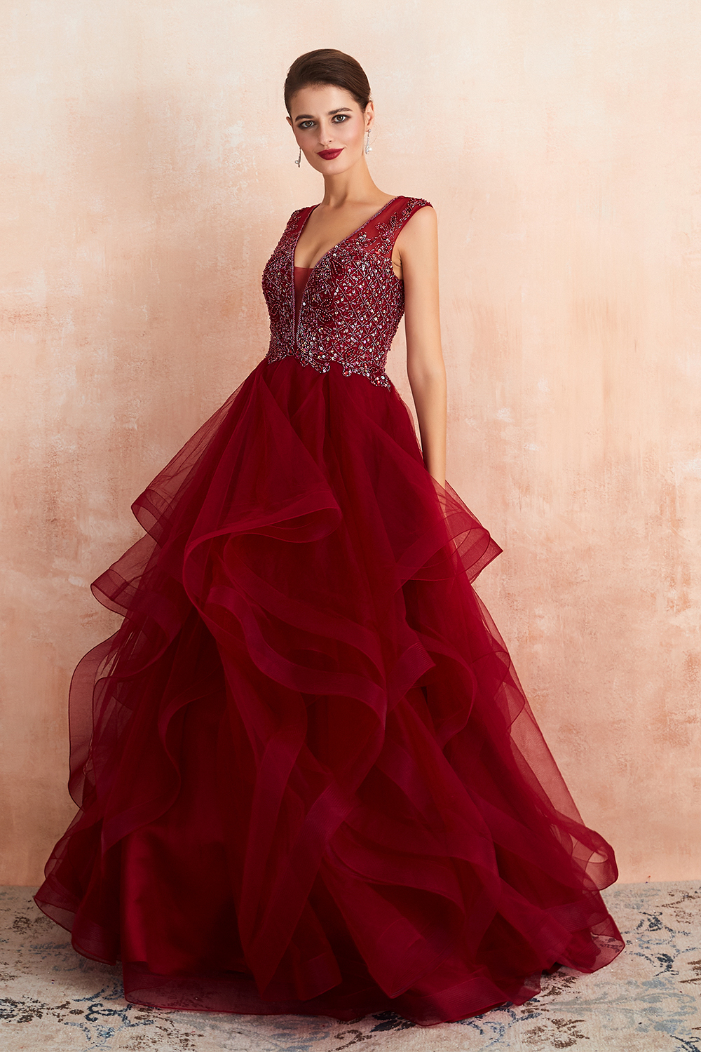 Ball Gown V-neck Sleeveless Sweep / Brush Train Tulle Evening Dress With Sequins 5