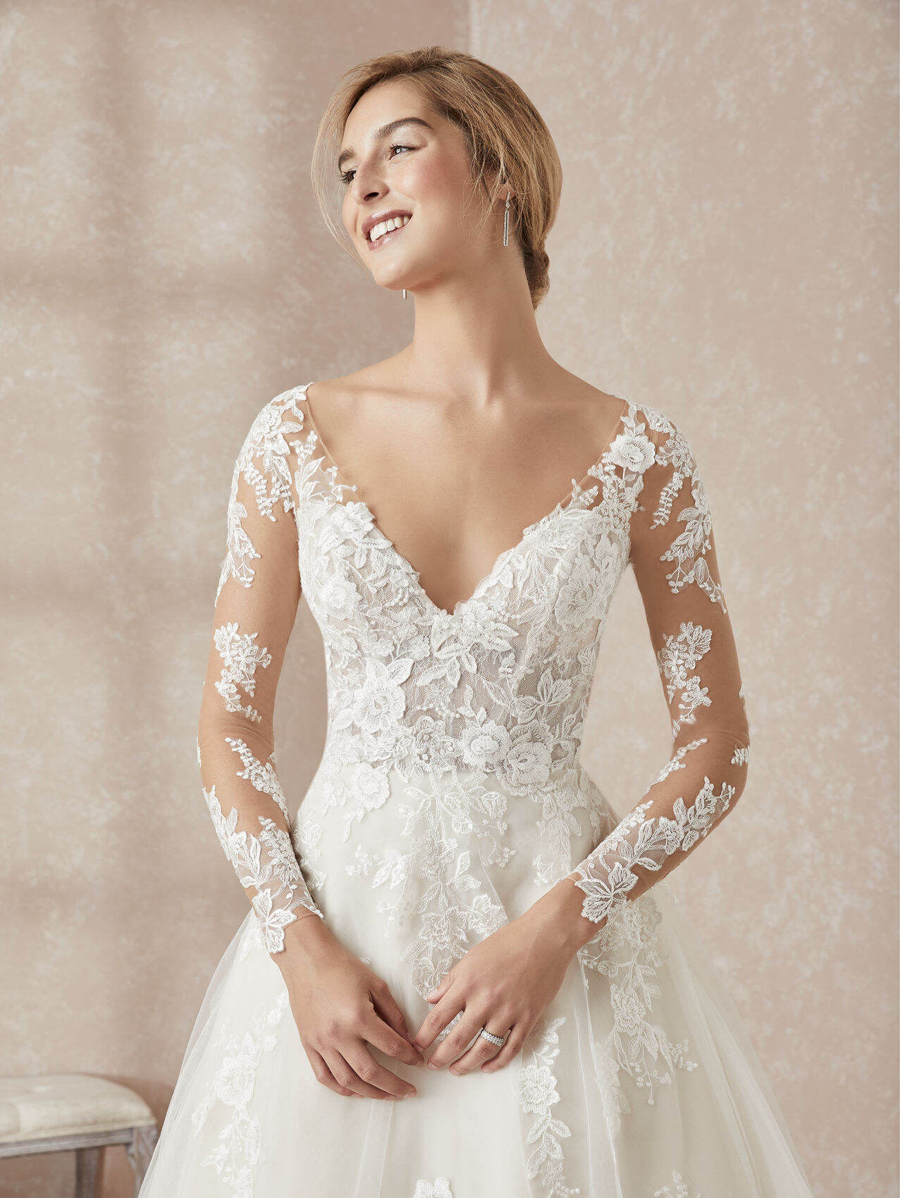 A-line V-neck Long Sleeves Sweep / Brush Train Lace Wedding Gown With Ruffles 3