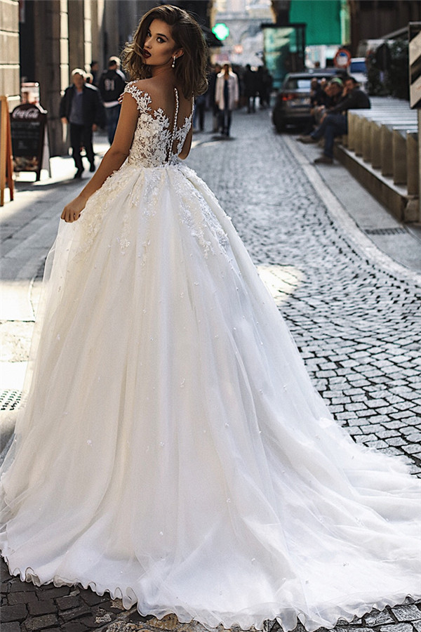 Ball Gown Chapel Train Tulle Bridal Gown With Lace 2