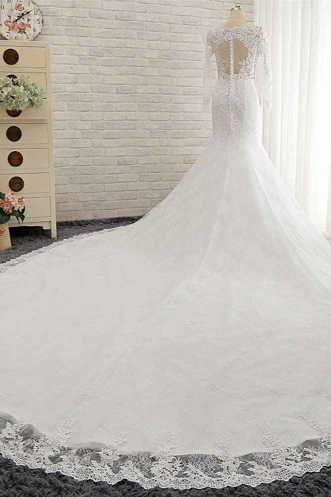 Mermaid Straps Jewel Neck Long Sleeves Court Train Bridal Gown With Appliques 2