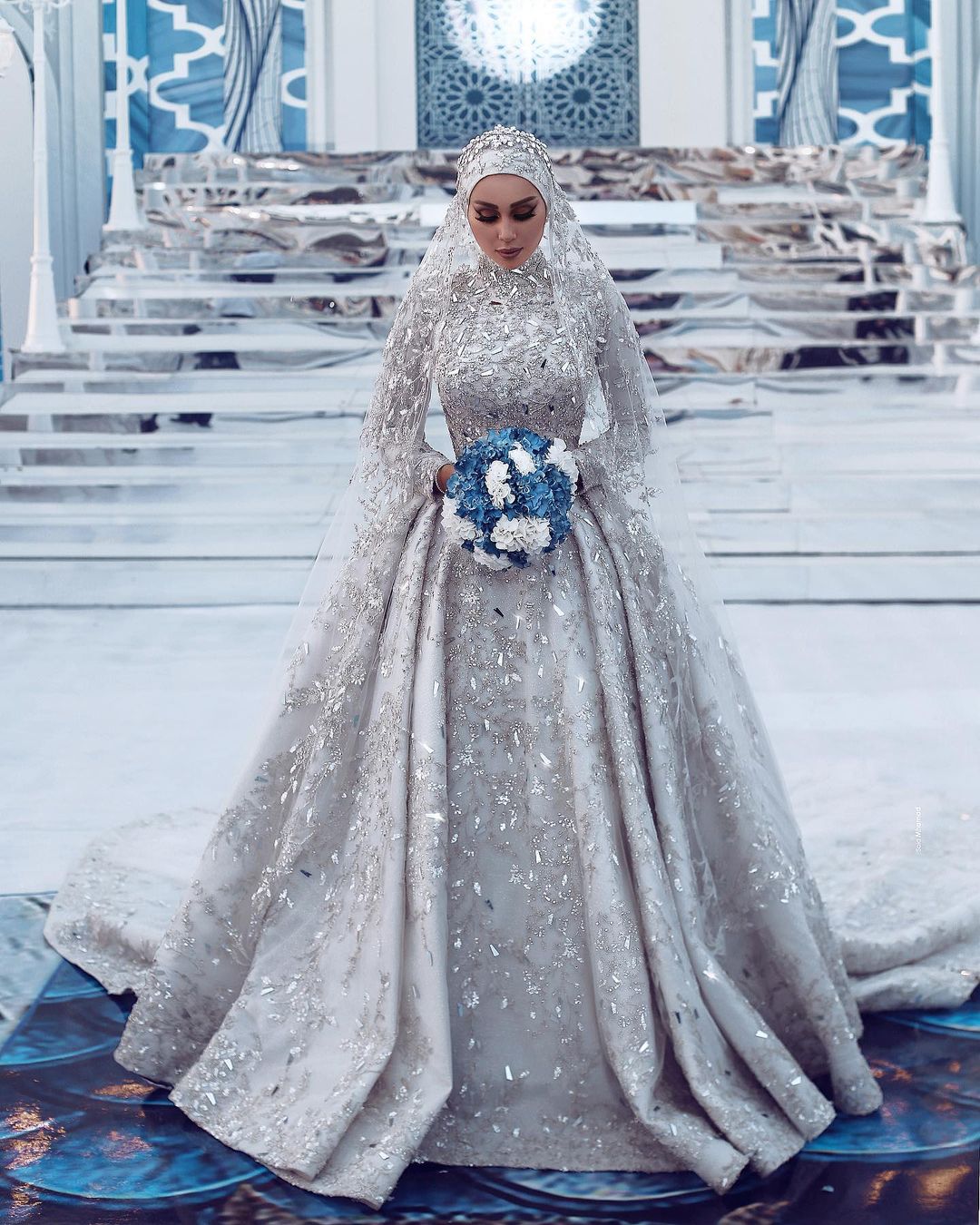 A-line High Neck Long Sleeves Cathedral Train Satin Bridal Gown With Appliques 3