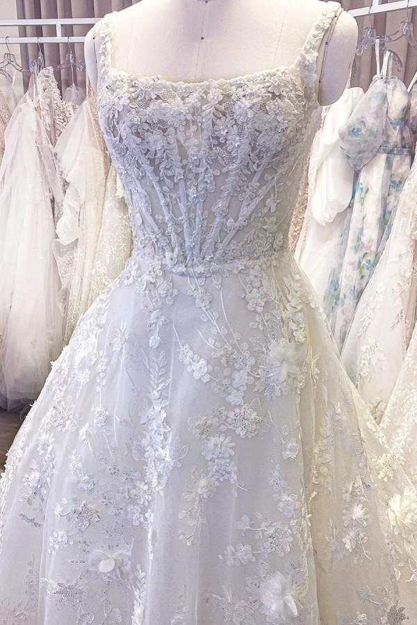 A-line Spaghetti Straps Sleeveless Chapel Train Lace Bridal Gown With Pattern 4