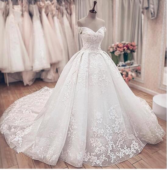 Ball Gown Off-the-shoulder Cap Sleeves Sweep / Brush Train Lace Bridal Gown With Lace 4
