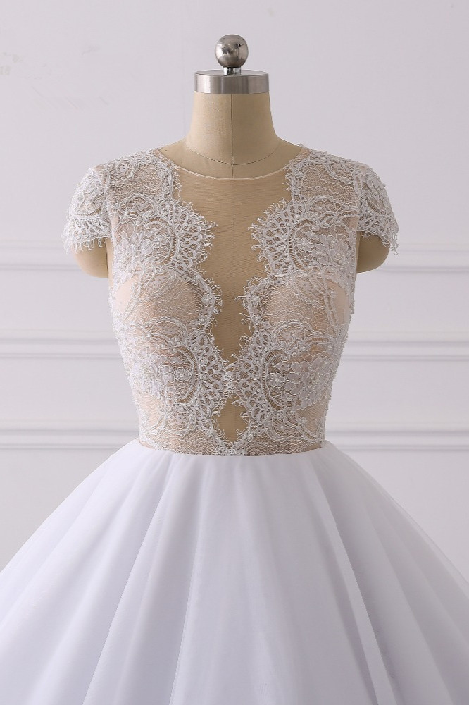 Ball Gown Jewel Neck Short Sleeves Floor-length Tulle Bridal Gown With Appliques 4