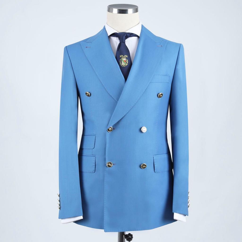 Blue Double Breasted Peaked Lapel Business Suit 3