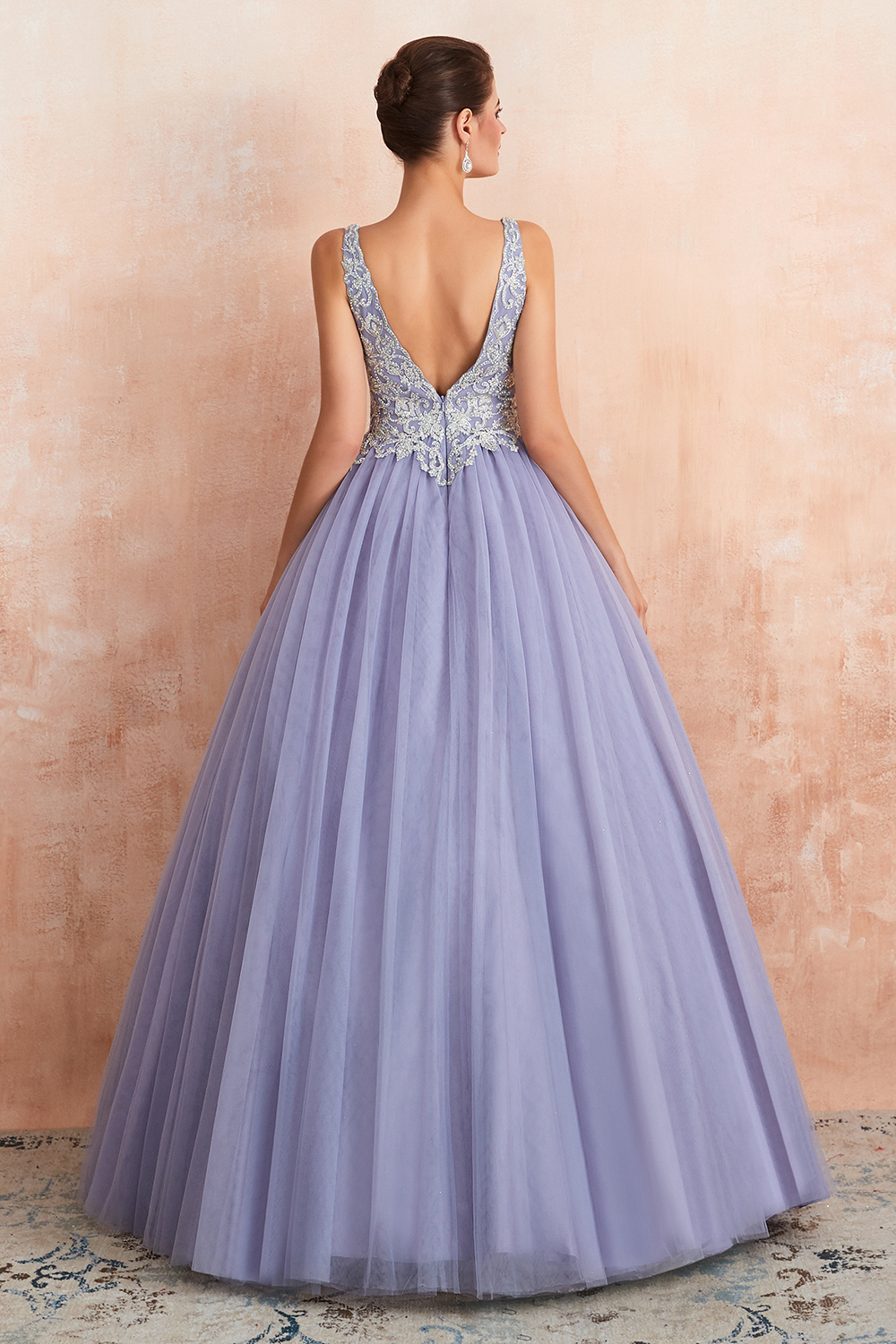 A-line Plunging Neckline Sleeveless Sweep / Brush Train Tulle Formal Wear With Rhinestone 5