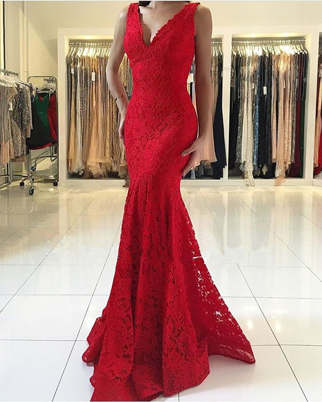 A-line V-neck Sleeveless Floor-length Evening Dress With Lace 2