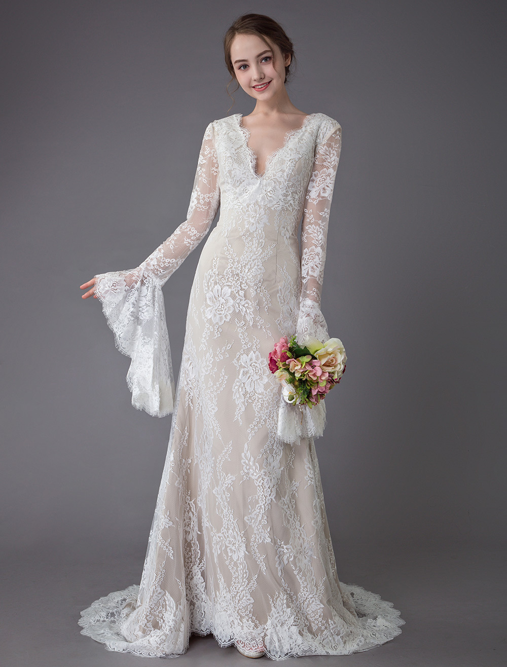 Column Plunging Neckline Long Sleeves Court Train Lace Bridal Dress With Lace 2